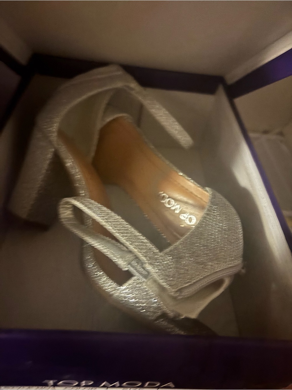 TOP Moda Silver Glitter Block Heels with Ankle Strap